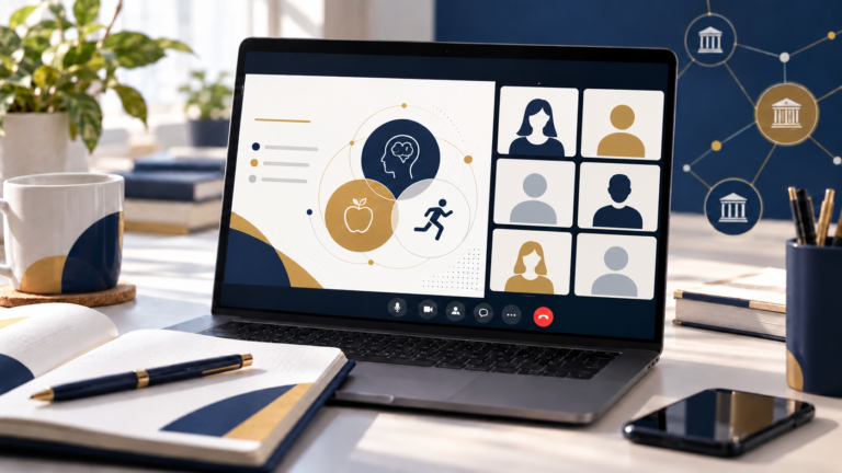 Grafika przedstawiająca laptop z webinarem online, piktogramami uczestników oraz symbolami zdrowia psychicznego, odżywiania i aktywności fizycznej.